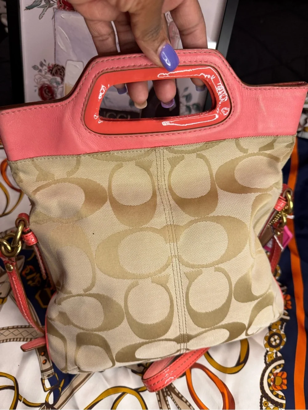 Coach Bonnie Signature Canvas Shoulder Bag Coral Pink Leather Trim